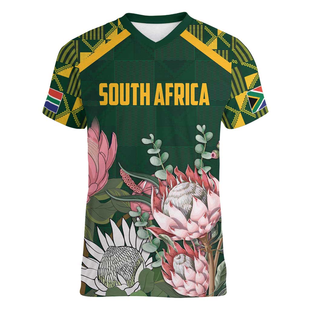 Personalized South Africa King Protea Women V-Neck T-Shirt With Kente Patterns - Wonder Print Shop