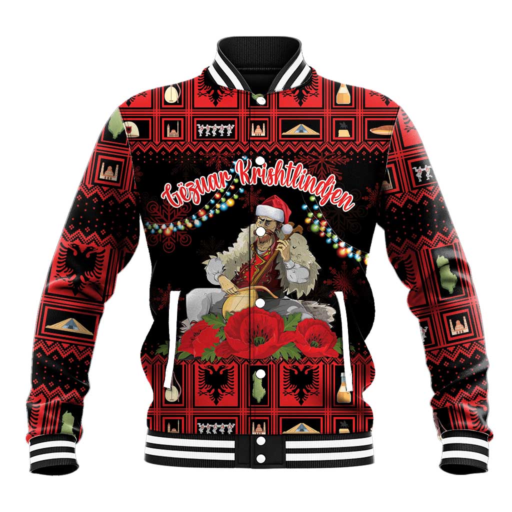 Red baseball jacket with black graphic of Santa holding a string instrument and poppies