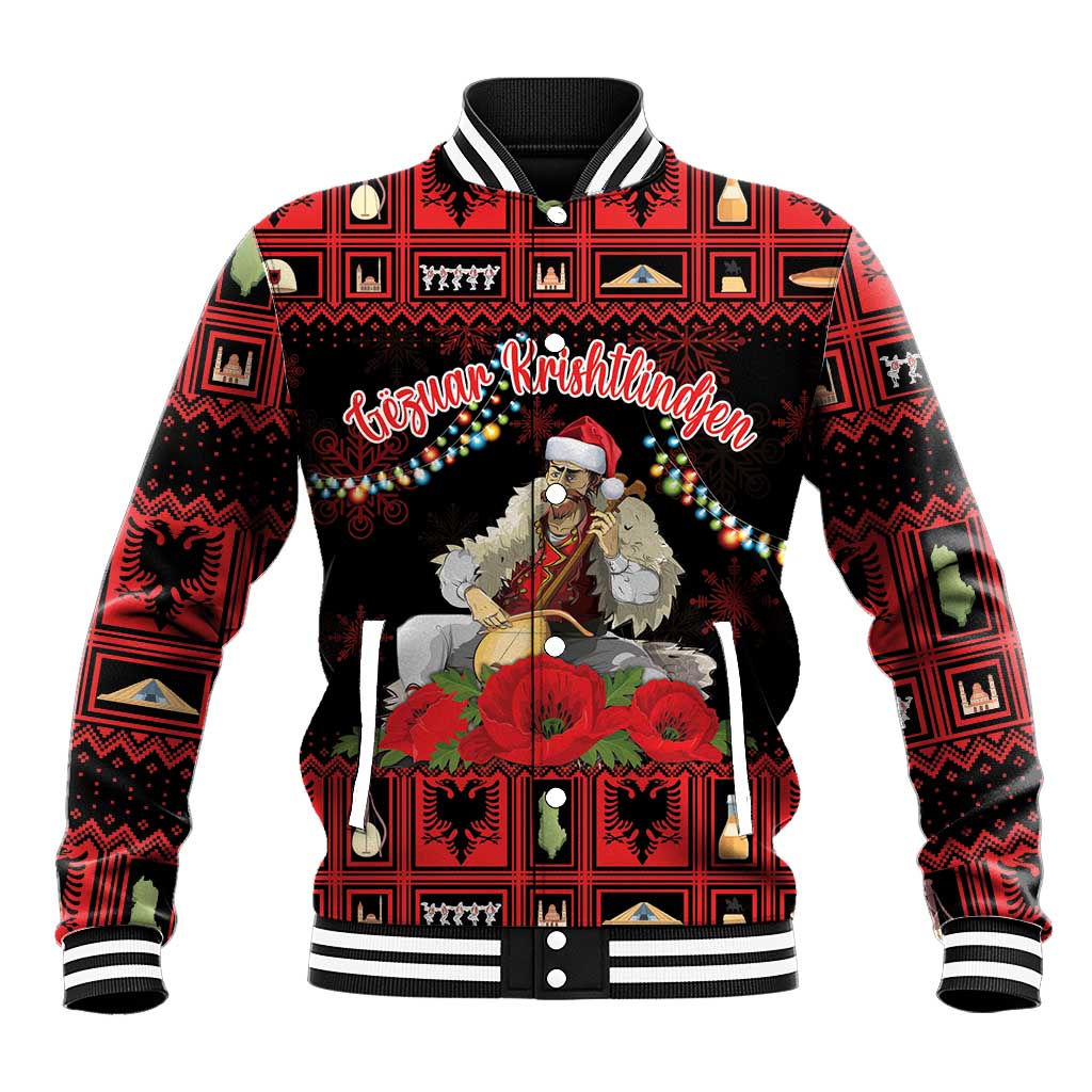 Personalized Albania Christmas Baseball Jacket Albanian Man Playing Lahuta With Red Poppy - Wonder Print Shop