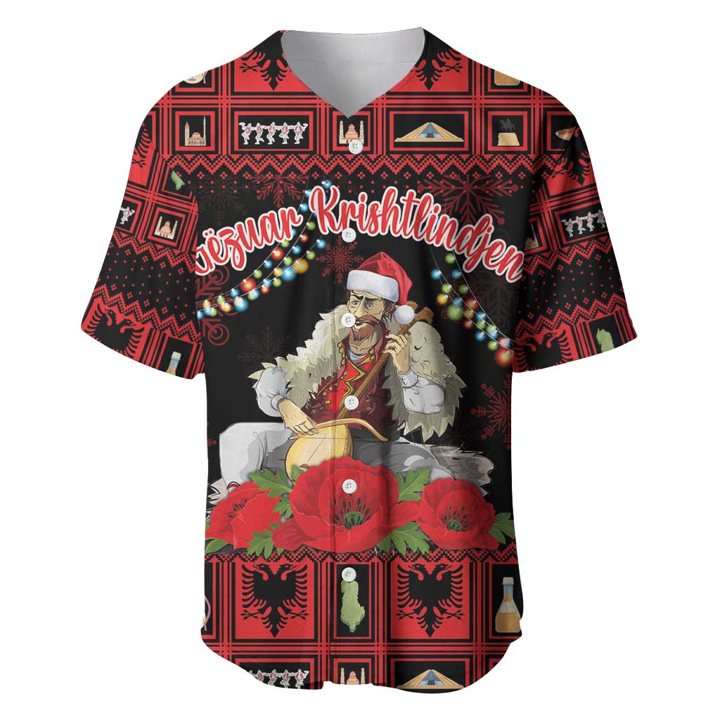 Red and black Christmas baseball jersey with Santa-style musician and red poppy graphics