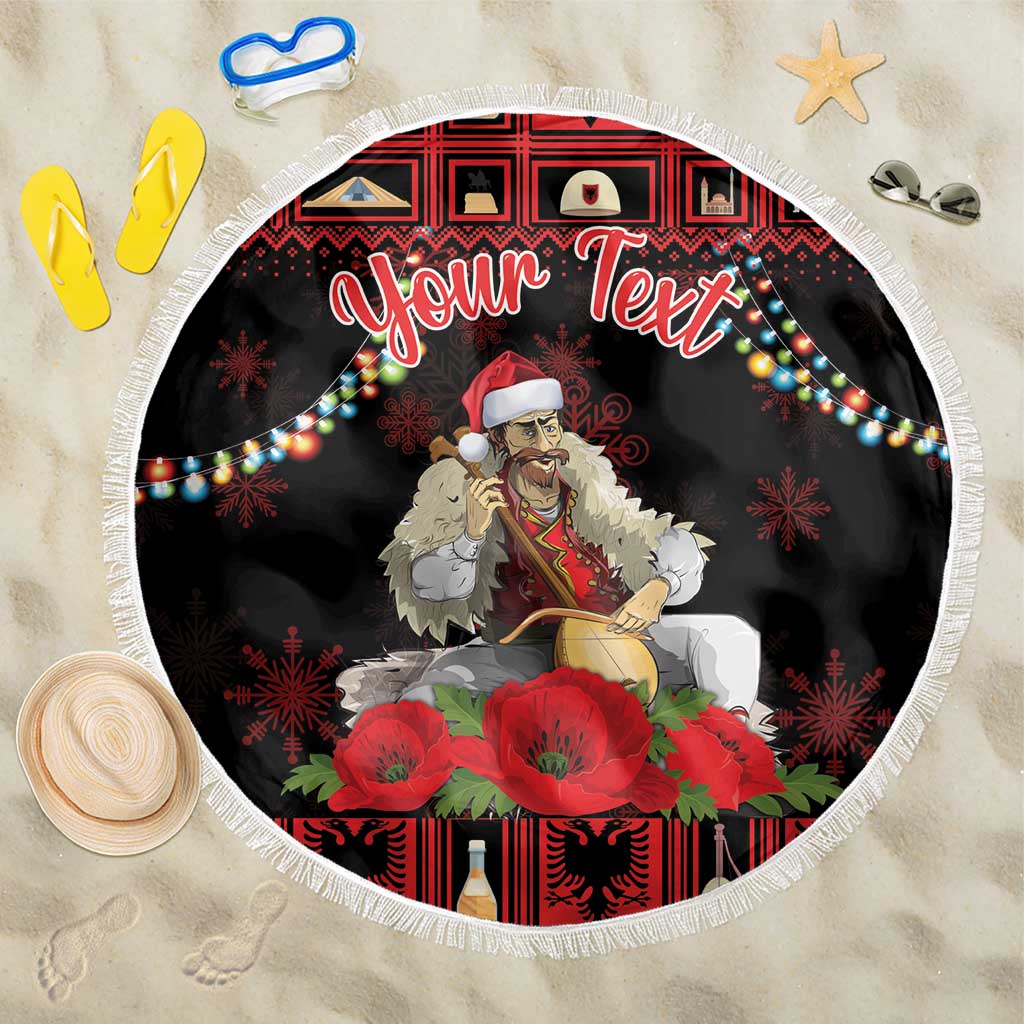 Round beach blanket with fringed edge, black and red holiday design featuring 'Your Text'