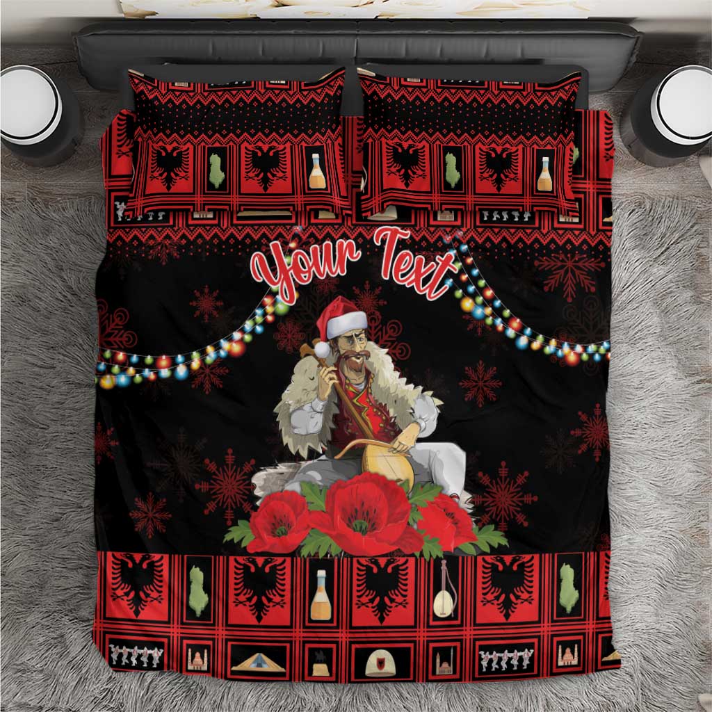 Christmas bedding set with red plaid, Santa musician with lahuta, and personalized text