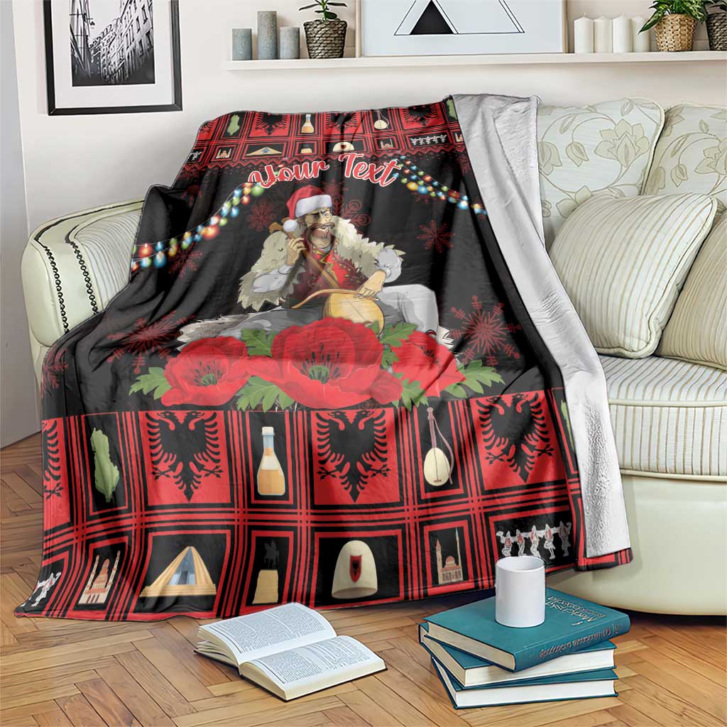 Personalized Christmas blanket, black and red plaid with poppy floral and man illustration