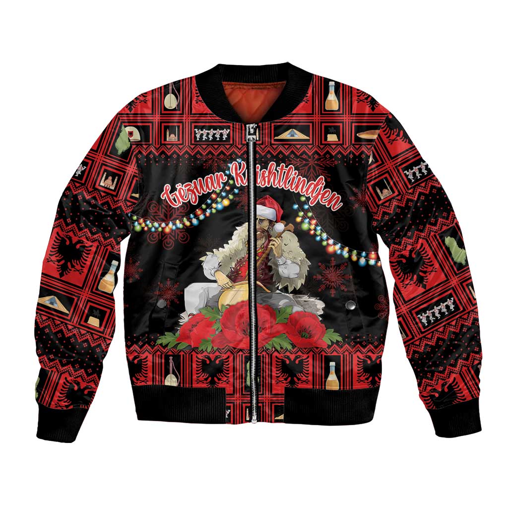 Red Christmas bomber jacket with black trim, Santa and red poppy graphic, full zip
