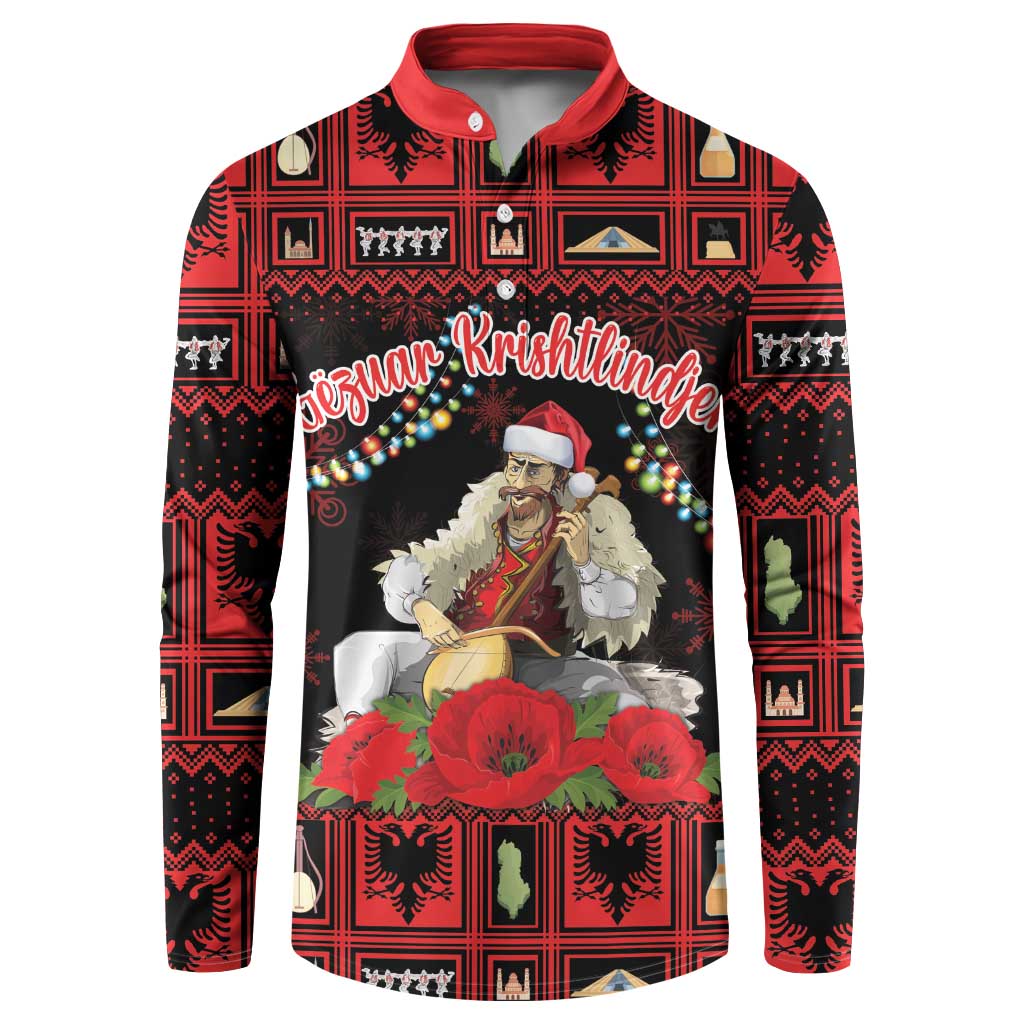 Red button-up sweatshirt with festive patterned print and Santa holding a lahuta