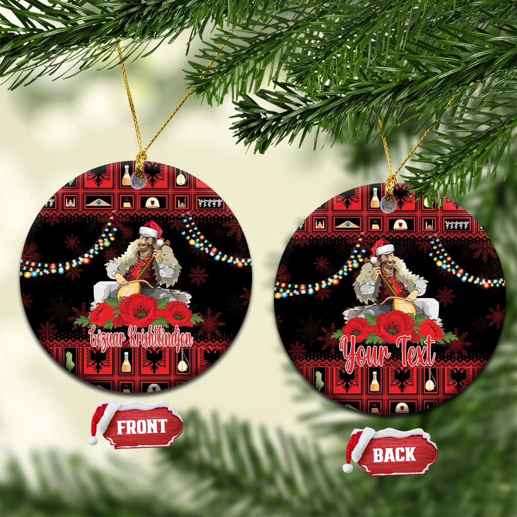 Red round ceramic Christmas ornament with Albanian man playing lahuta and red poppy, front/back tags