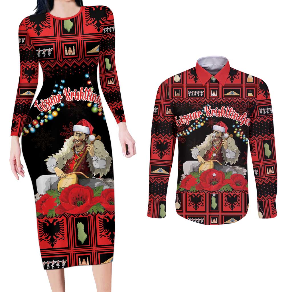 Personalized Albania Christmas Couples Matching Long Sleeve Bodycon Dress and Long Sleeve Button Shirt Albanian Man Playing Lahuta With Red Poppy - Wonder Print Shop