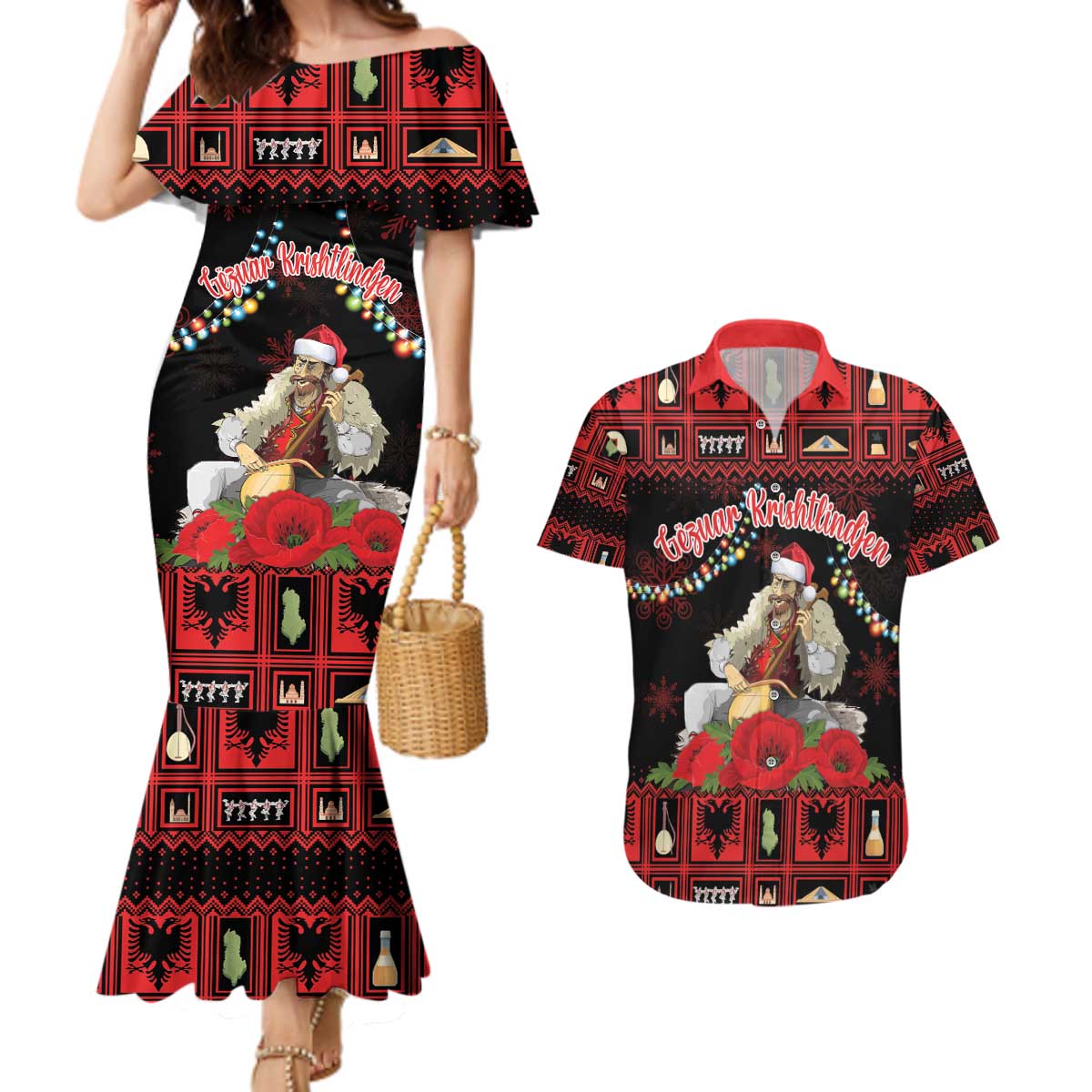 Personalized Albania Christmas Couples Matching Mermaid Dress and Hawaiian Shirt Albanian Man Playing Lahuta With Red Poppy - Wonder Print Shop