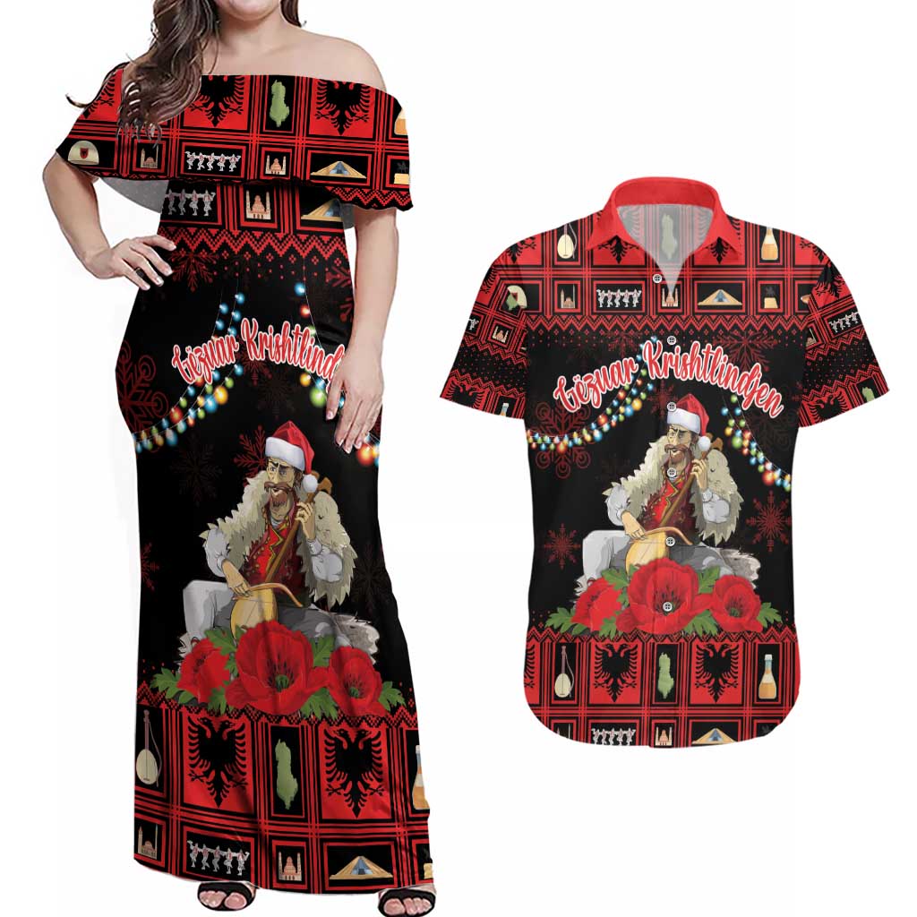 Personalized Albania Christmas Couples Matching Off Shoulder Maxi Dress and Hawaiian Shirt Albanian Man Playing Lahuta With Red Poppy - Wonder Print Shop