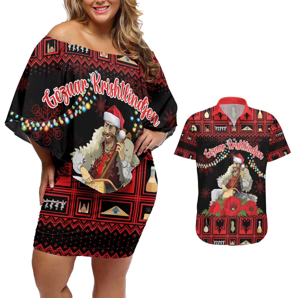 Personalized Albania Christmas Couples Matching Off Shoulder Short Dress and Hawaiian Shirt Albanian Man Playing Lahuta With Red Poppy - Wonder Print Shop