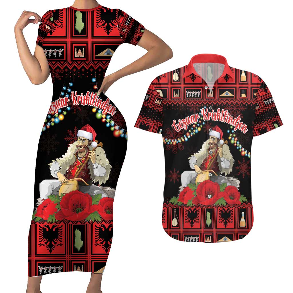 Personalized Albania Christmas Couples Matching Short Sleeve Bodycon Dress and Hawaiian Shirt Albanian Man Playing Lahuta With Red Poppy - Wonder Print Shop