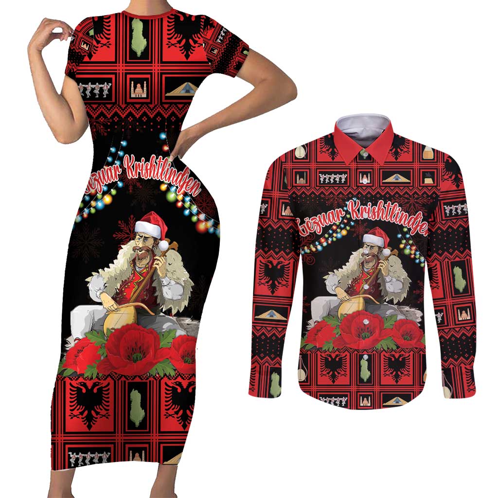 Personalized Albania Christmas Couples Matching Short Sleeve Bodycon Dress and Long Sleeve Button Shirt Albanian Man Playing Lahuta With Red Poppy - Wonder Print Shop