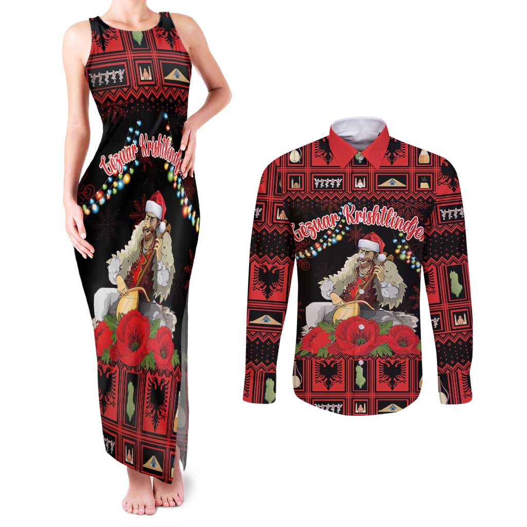 Personalized Albania Christmas Couples Matching Tank Maxi Dress and Long Sleeve Button Shirt Albanian Man Playing Lahuta With Red Poppy - Wonder Print Shop