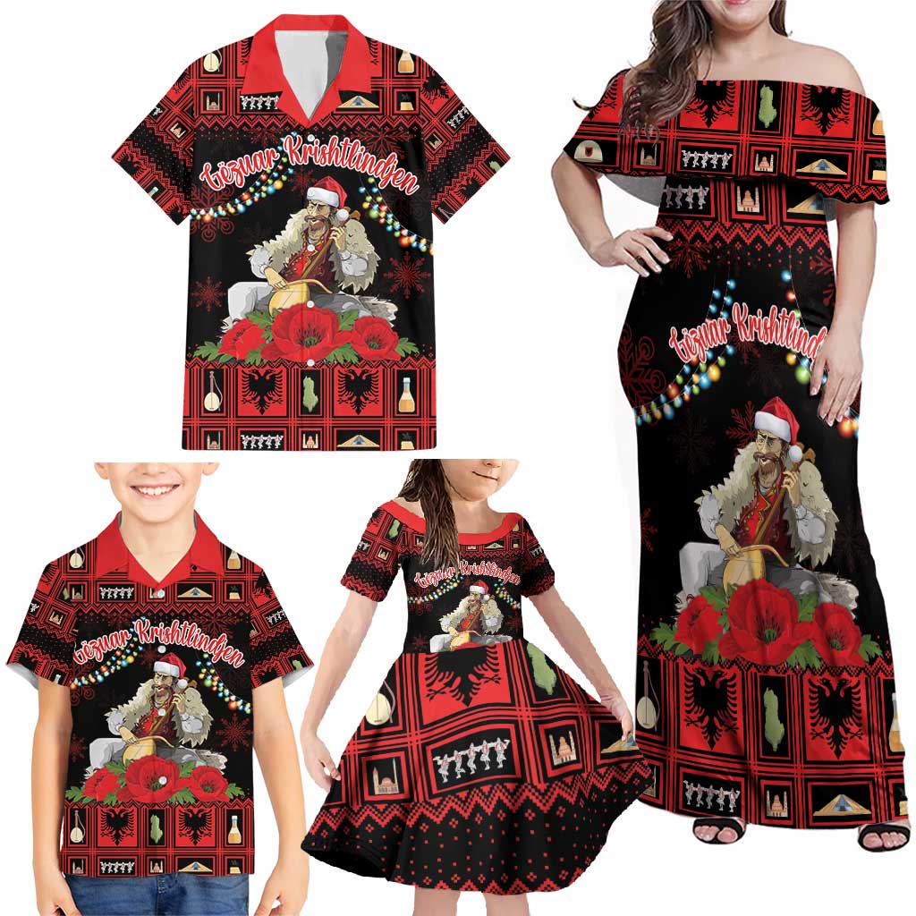 Personalized Albania Christmas Family Matching Off Shoulder Maxi Dress and Hawaiian Shirt Albanian Man Playing Lahuta With Red Poppy - Wonder Print Shop