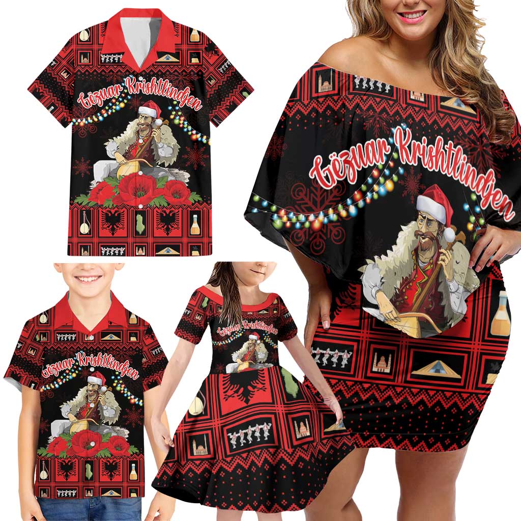 Personalized Albania Christmas Family Matching Off Shoulder Short Dress and Hawaiian Shirt Albanian Man Playing Lahuta With Red Poppy - Wonder Print Shop