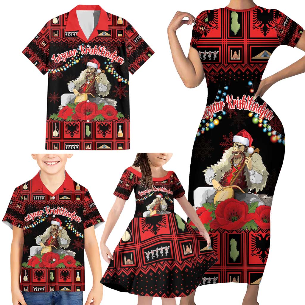 Personalized Albania Christmas Family Matching Short Sleeve Bodycon Dress and Hawaiian Shirt Albanian Man Playing Lahuta With Red Poppy - Wonder Print Shop