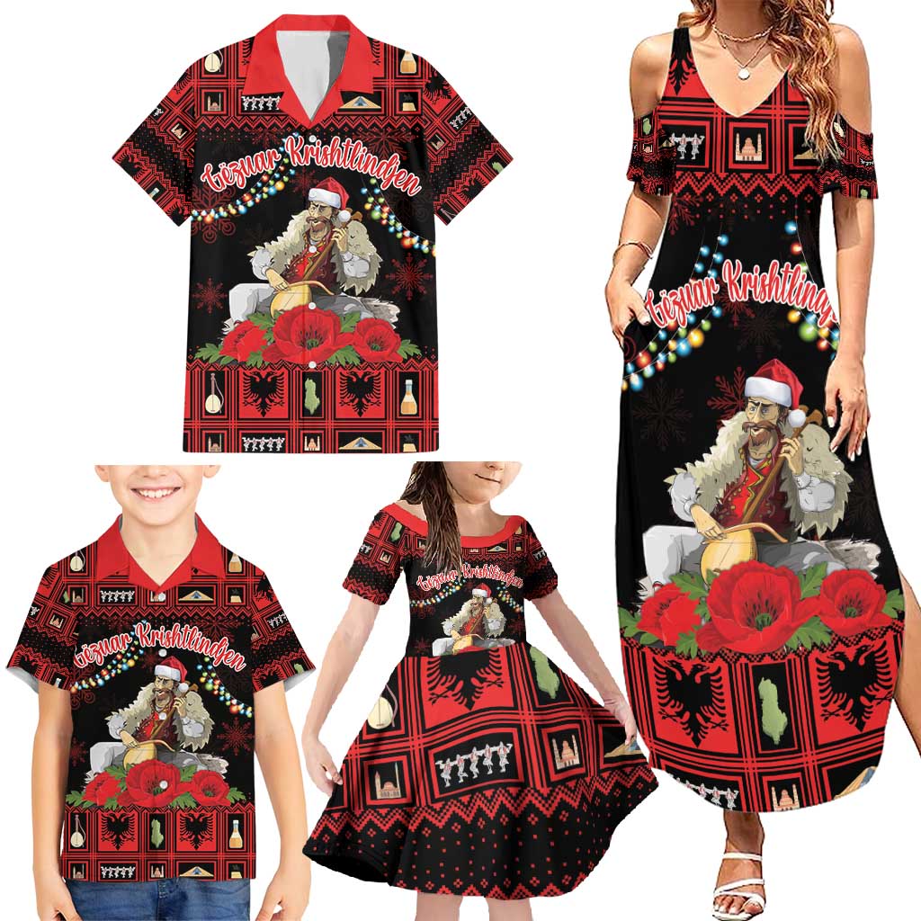 Personalized Albania Christmas Family Matching Summer Maxi Dress and Hawaiian Shirt Albanian Man Playing Lahuta With Red Poppy - Wonder Print Shop