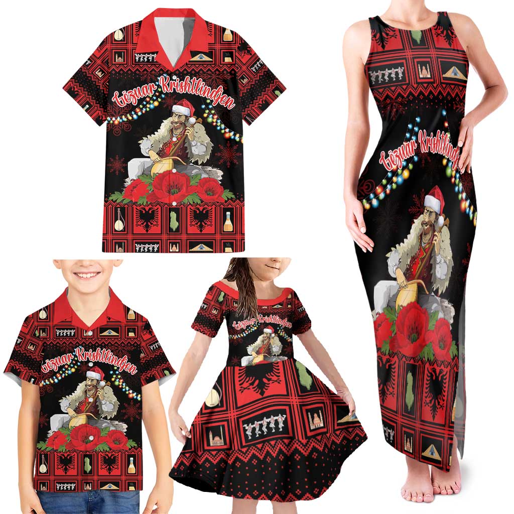 Personalized Albania Christmas Family Matching Tank Maxi Dress and Hawaiian Shirt Albanian Man Playing Lahuta With Red Poppy - Wonder Print Shop