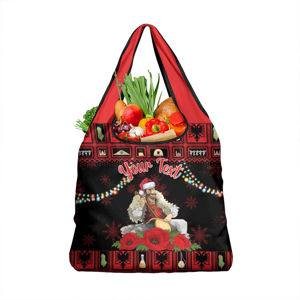 Personalized Albania Christmas Grocery Bag Albanian Man Playing Lahuta With Red Poppy