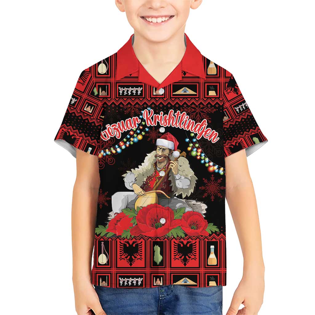 Personalized Albania Christmas Kid Hawaiian Shirt Albanian Man Playing Lahuta With Red Poppy - Wonder Print Shop