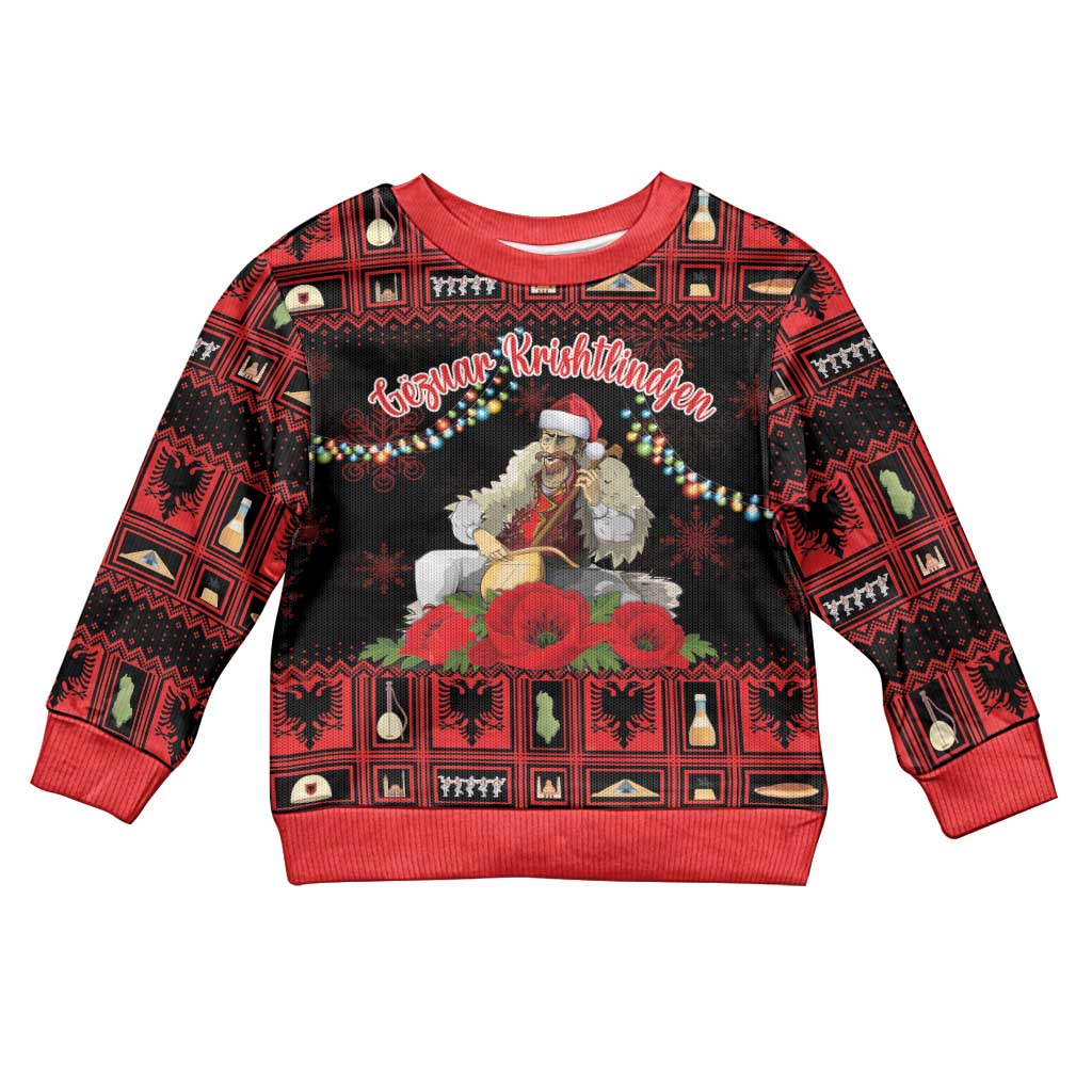 Personalized Albania Christmas Kid Ugly Christmas Sweater Albanian Man Playing Lahuta With Red Poppy - Wonder Print Shop