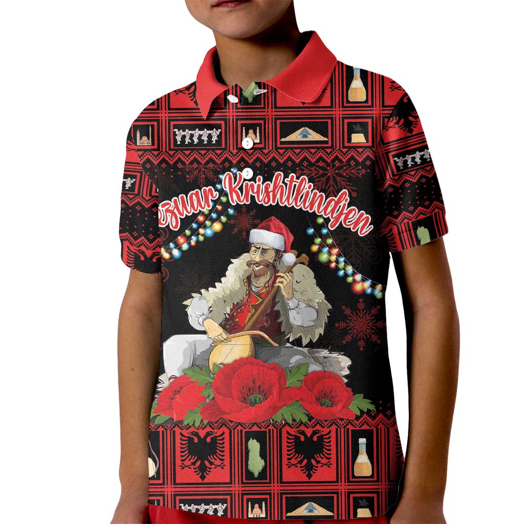 Personalized Albania Christmas Kid Polo Shirt Albanian Man Playing Lahuta With Red Poppy - Wonder Print Shop