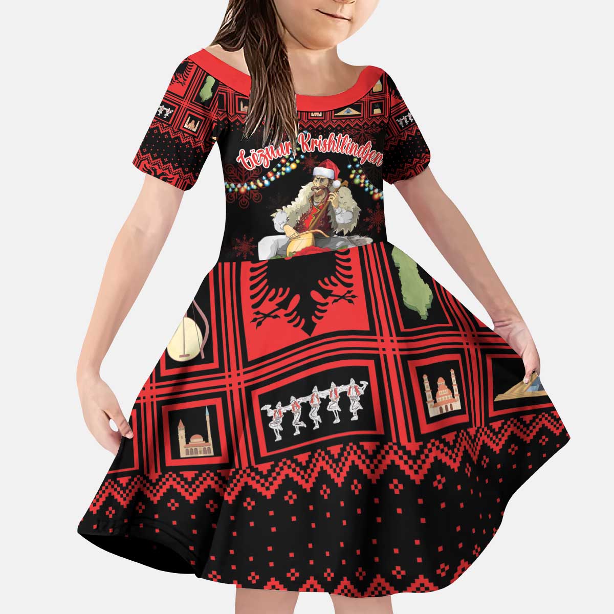 Personalized Albania Christmas Kid Short Sleeve Dress Albanian Man Playing Lahuta With Red Poppy - Wonder Print Shop