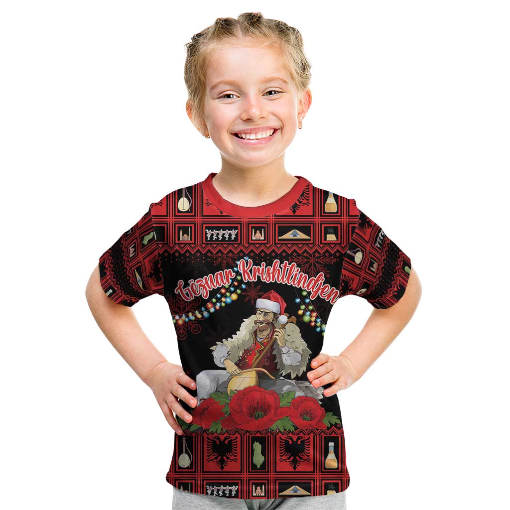 Personalized Albania Christmas Kid T Shirt Albanian Man Playing Lahuta With Red Poppy - Wonder Print Shop