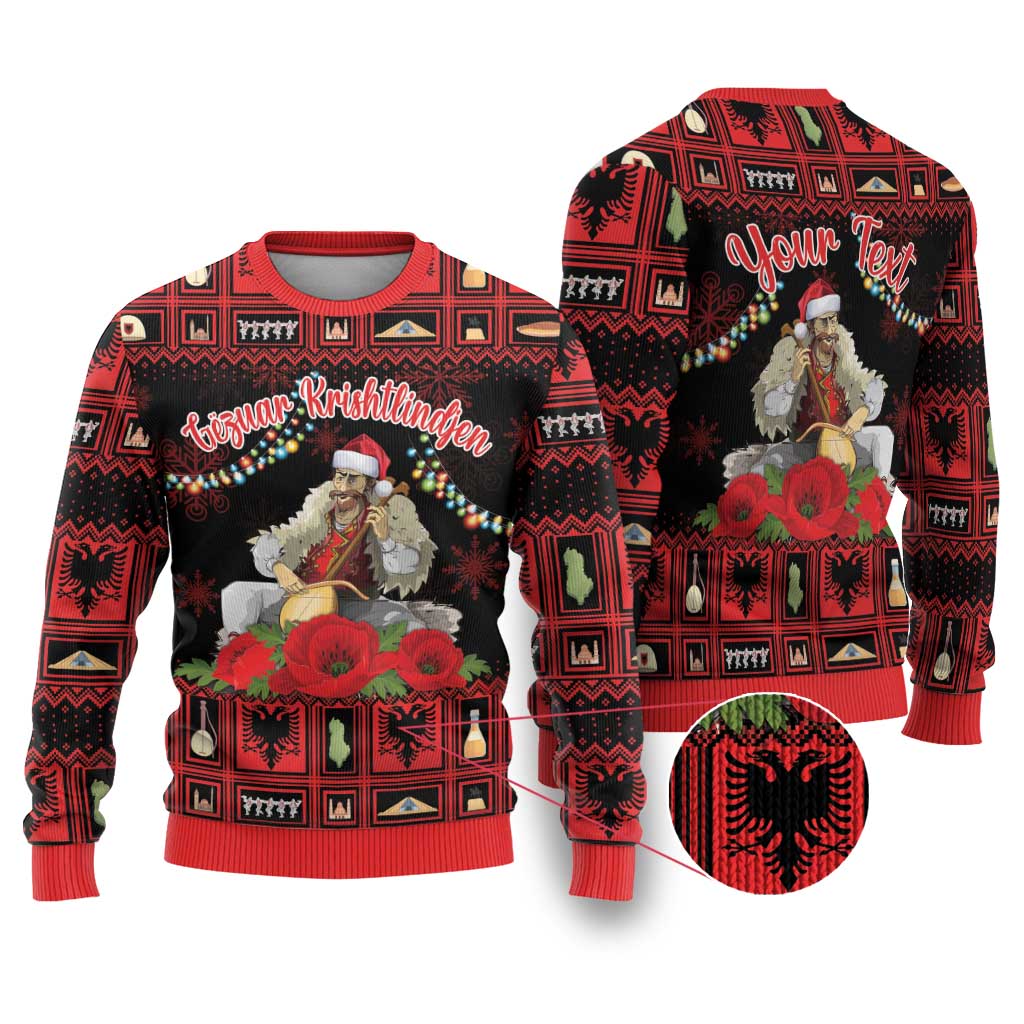 Personalized Albania Christmas Ugly Christmas Sweater Albanian Man Playing Lahuta With Red Poppy