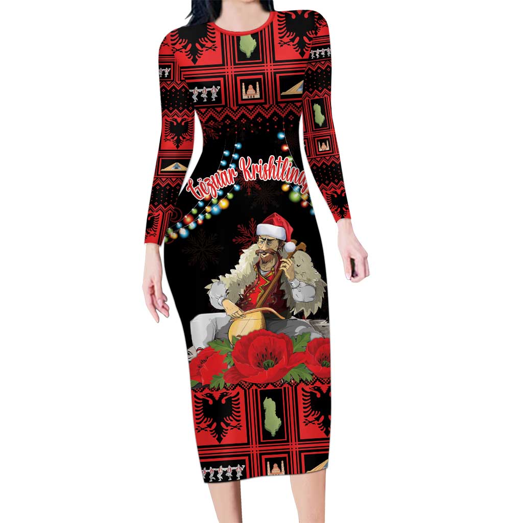 Personalized Albania Christmas Long Sleeve Bodycon Dress Albanian Man Playing Lahuta With Red Poppy - Wonder Print Shop