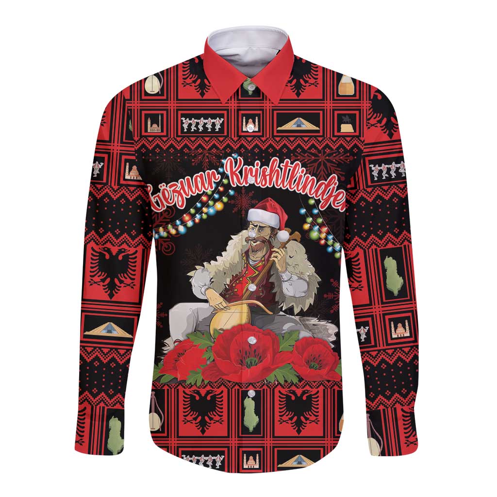 Red and black long-sleeve button shirt with festive print and poppy flowers