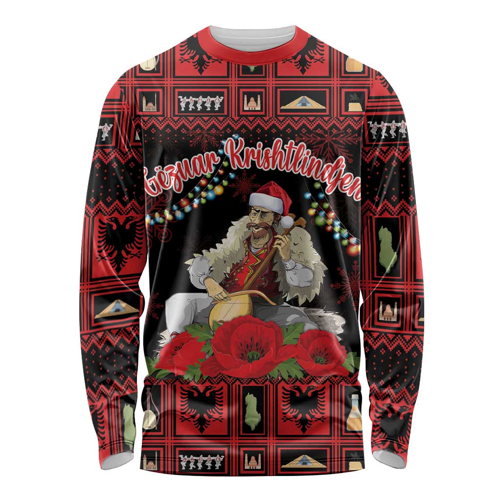 Red long-sleeve Christmas shirt with graphic of man playing lahuta and red poppy