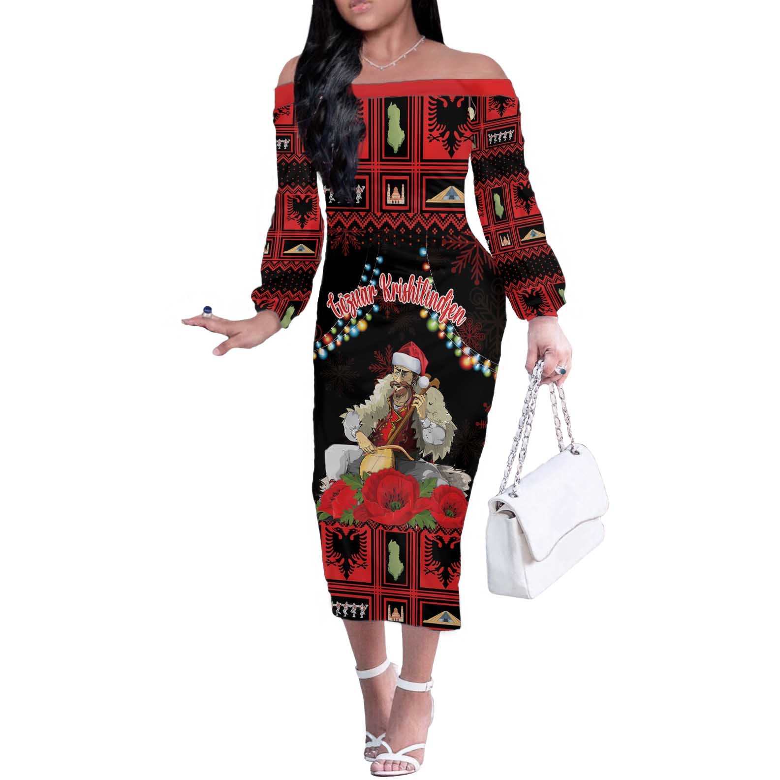 Personalized Albania Christmas Off The Shoulder Long Sleeve Dress Albanian Man Playing Lahuta With Red Poppy - Wonder Print Shop