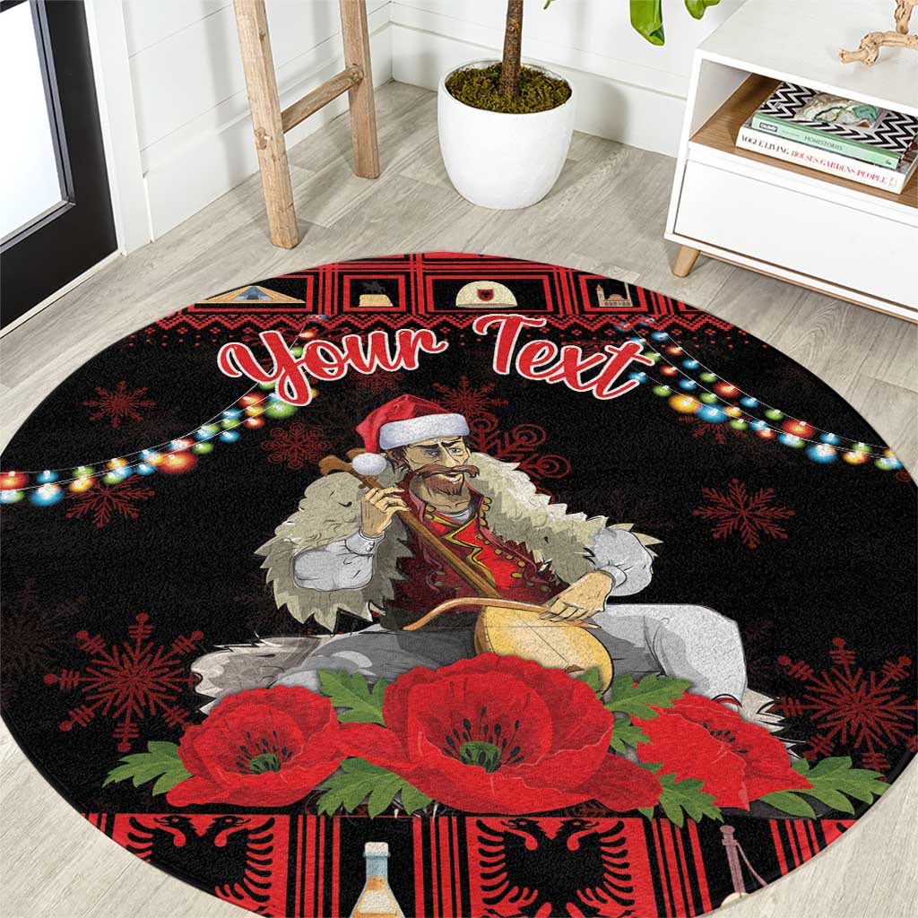 Round holiday area rug with Albanian man playing lahuta and red poppies on dark design