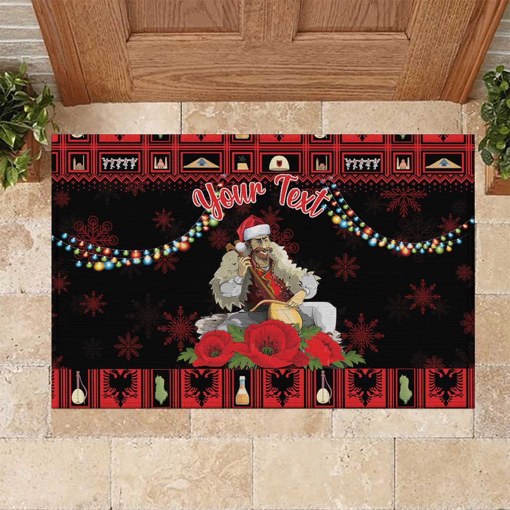 Personalized Albania Christmas Rubber Doormat Albanian Man Playing Lahuta With Red Poppy - Wonder Print Shop