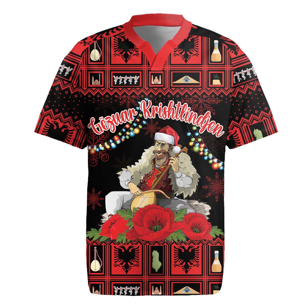 Personalized Albania Christmas Rugby Jersey Albanian Man Playing Lahuta With Red Poppy - Wonder Print Shop