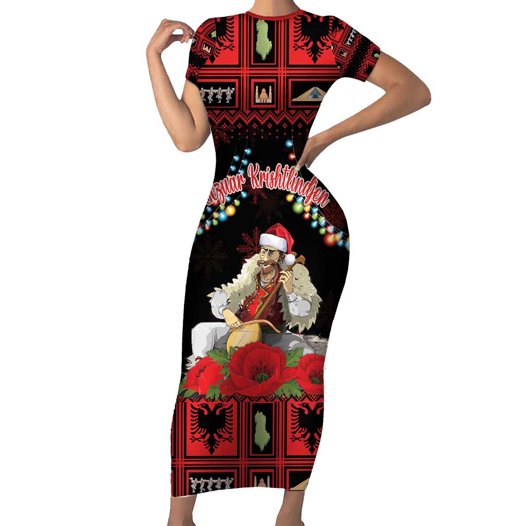 Personalized Albania Christmas Short Sleeve Bodycon Dress Albanian Man Playing Lahuta With Red Poppy - Wonder Print Shop