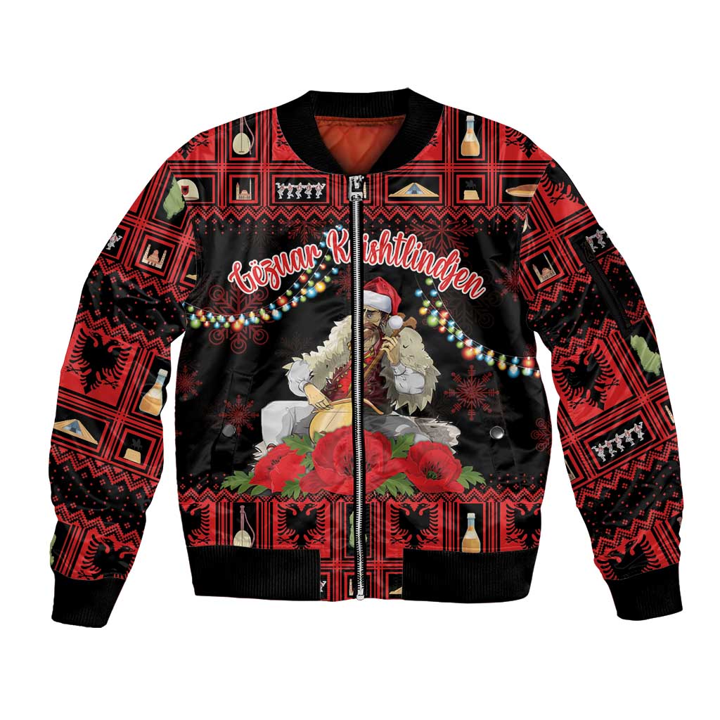 Personalized Albania Christmas Sleeve Zip Bomber Jacket Albanian Man Playing Lahuta With Red Poppy - Wonder Print Shop