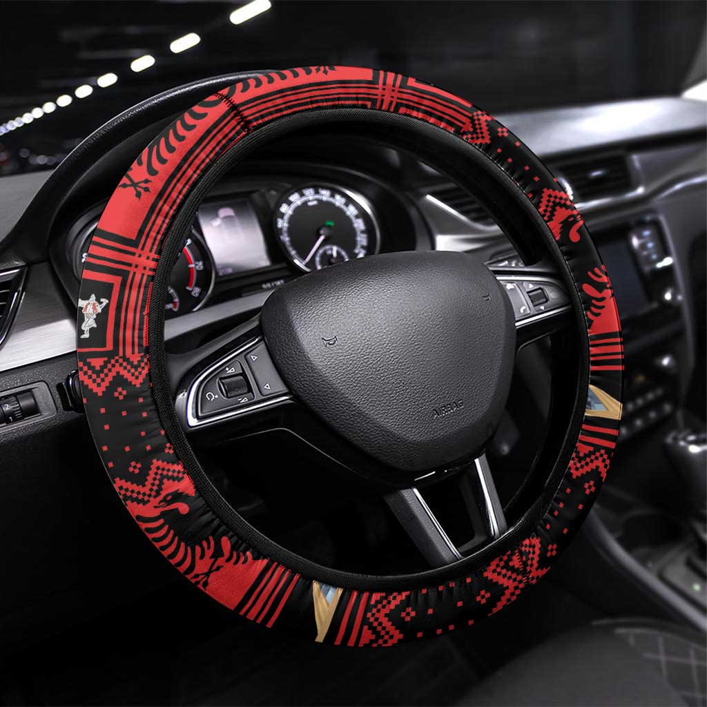 Albania Christmas Steering Wheel Cover Albanian Man Playing Lahuta With Red Poppy - Wonder Print Shop