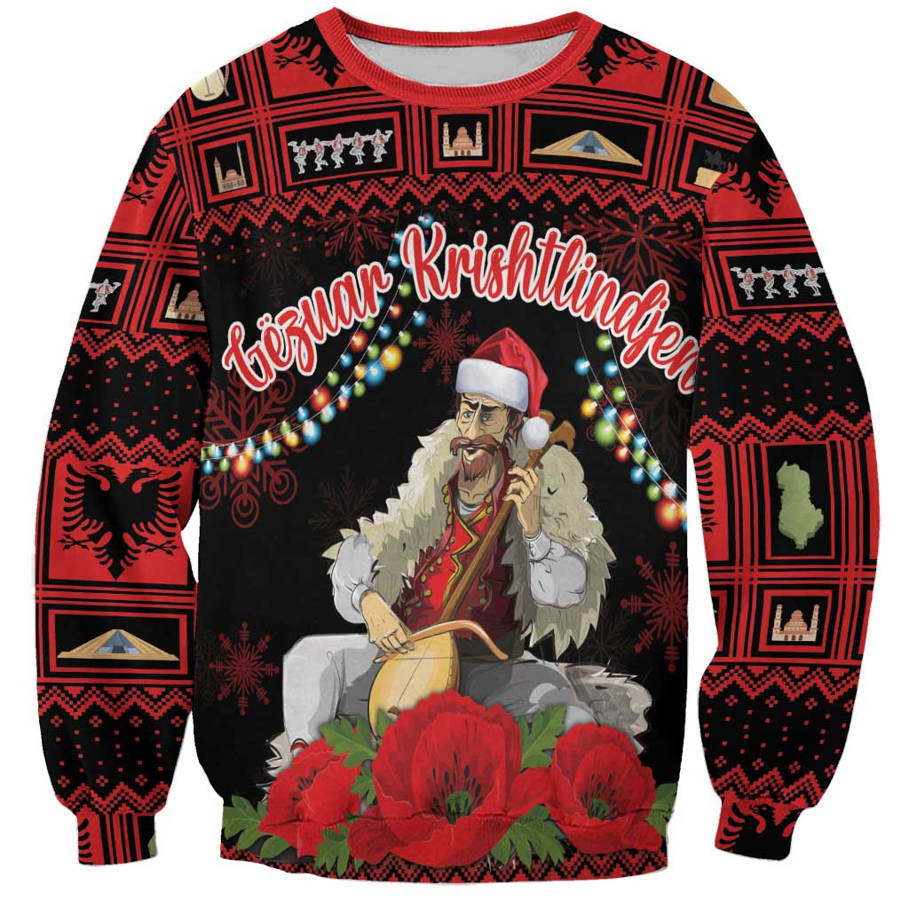 Personalized Albania Christmas Sweatshirt Albanian Man Playing Lahuta With Red Poppy - Wonder Print Shop