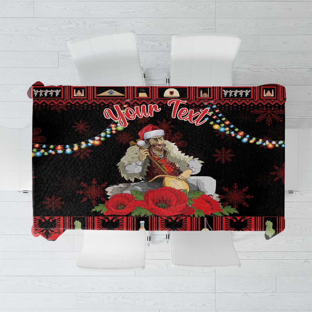 Personalized Christmas tablecloth, black with red geometric design and “Your Text”