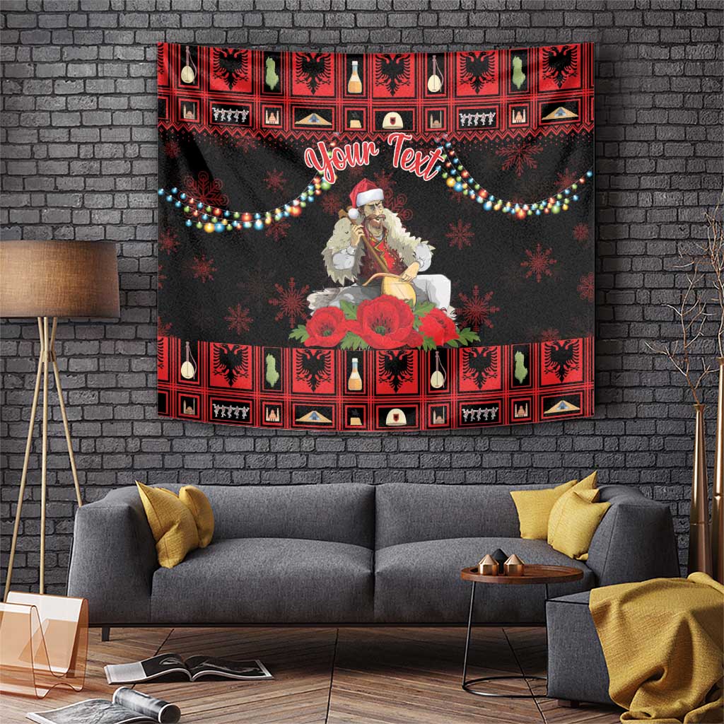 Red and black Christmas tapestry with Santa, red flowers, garland lights, 'Your Text'