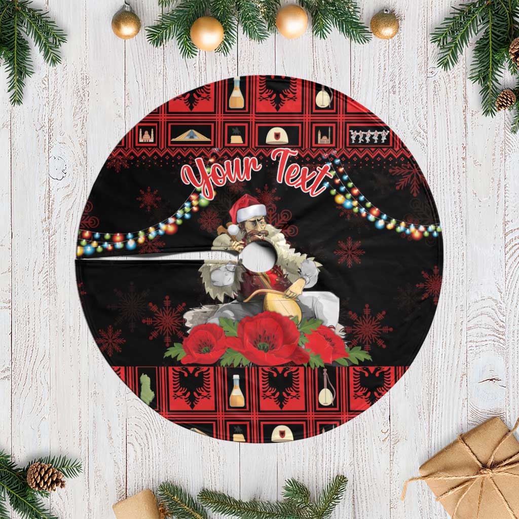 Red and black Christmas tree skirt with white fringe, floral poppies and folkloric motif