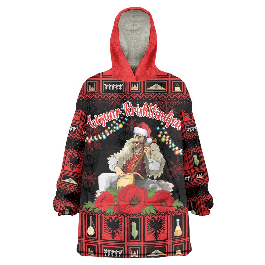 Personalized Albania Christmas Wearable Blanket Hoodie Albanian Man Playing Lahuta With Red Poppy - Wonder Print Shop