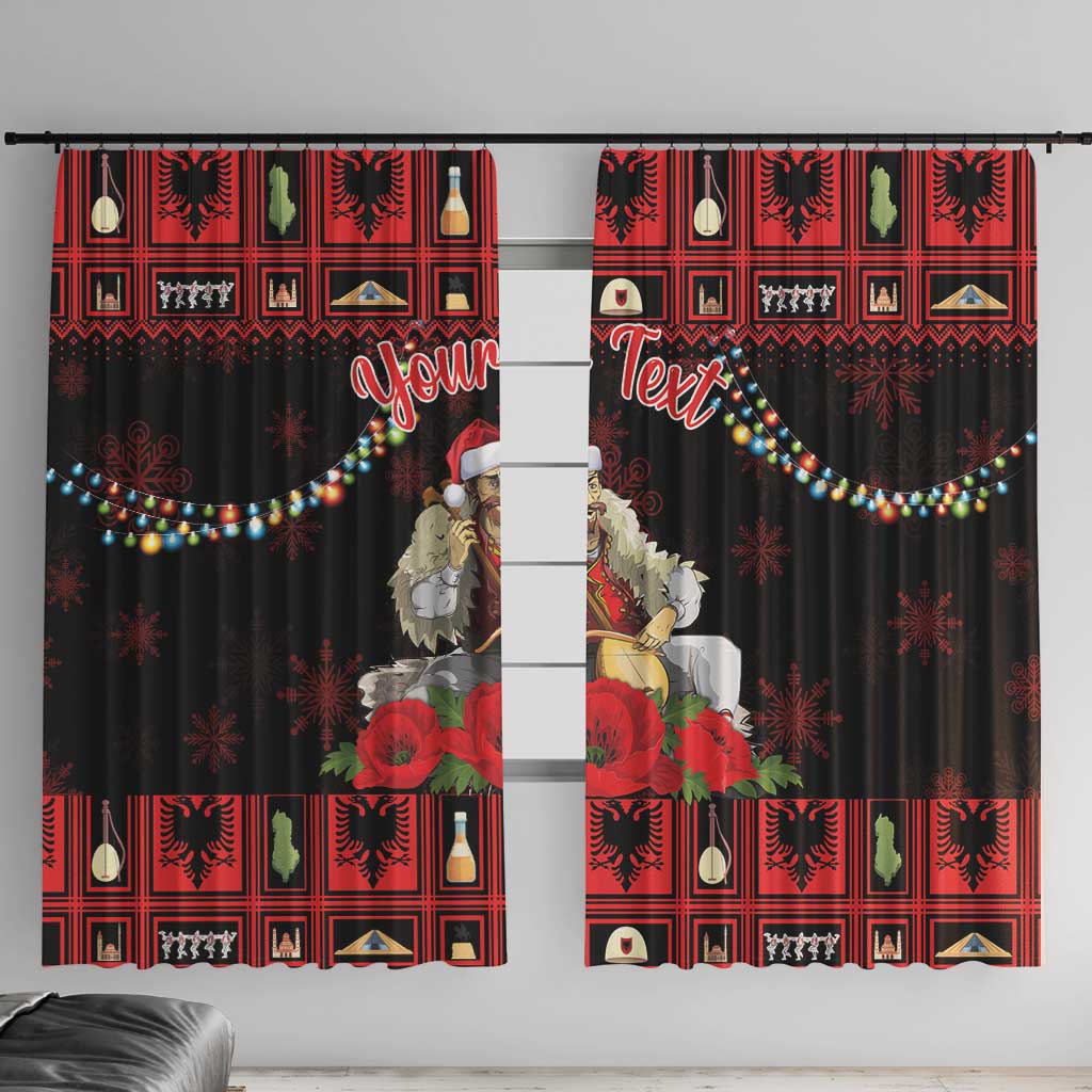 Albanian Christmas window curtain, black with red folk pattern and poppy floral scene
