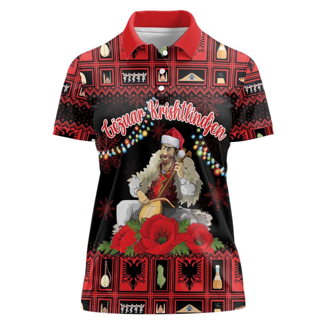 Personalized Albania Christmas Women Polo Shirt Albanian Man Playing Lahuta With Red Poppy - Wonder Print Shop