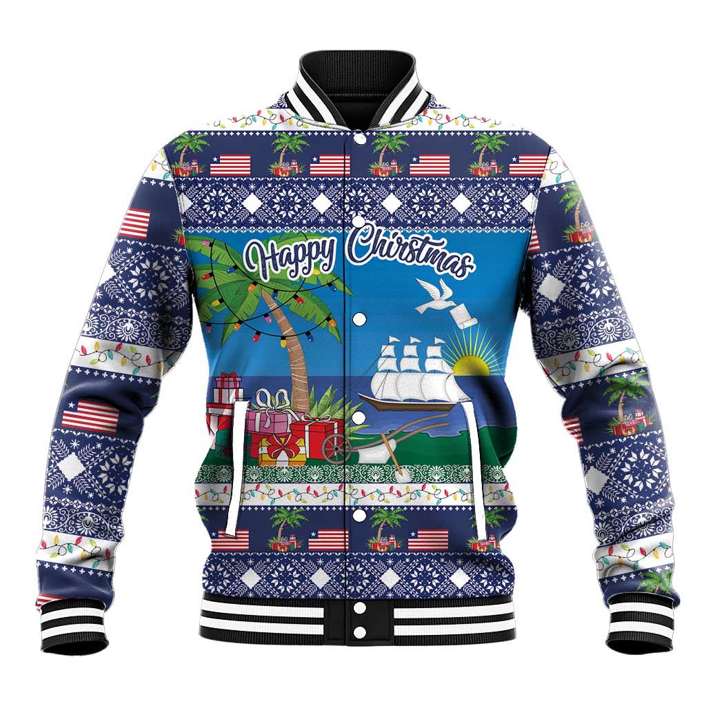 Blue Christmas baseball jacket with festive graphic front, striped ribbed collar and cuffs.