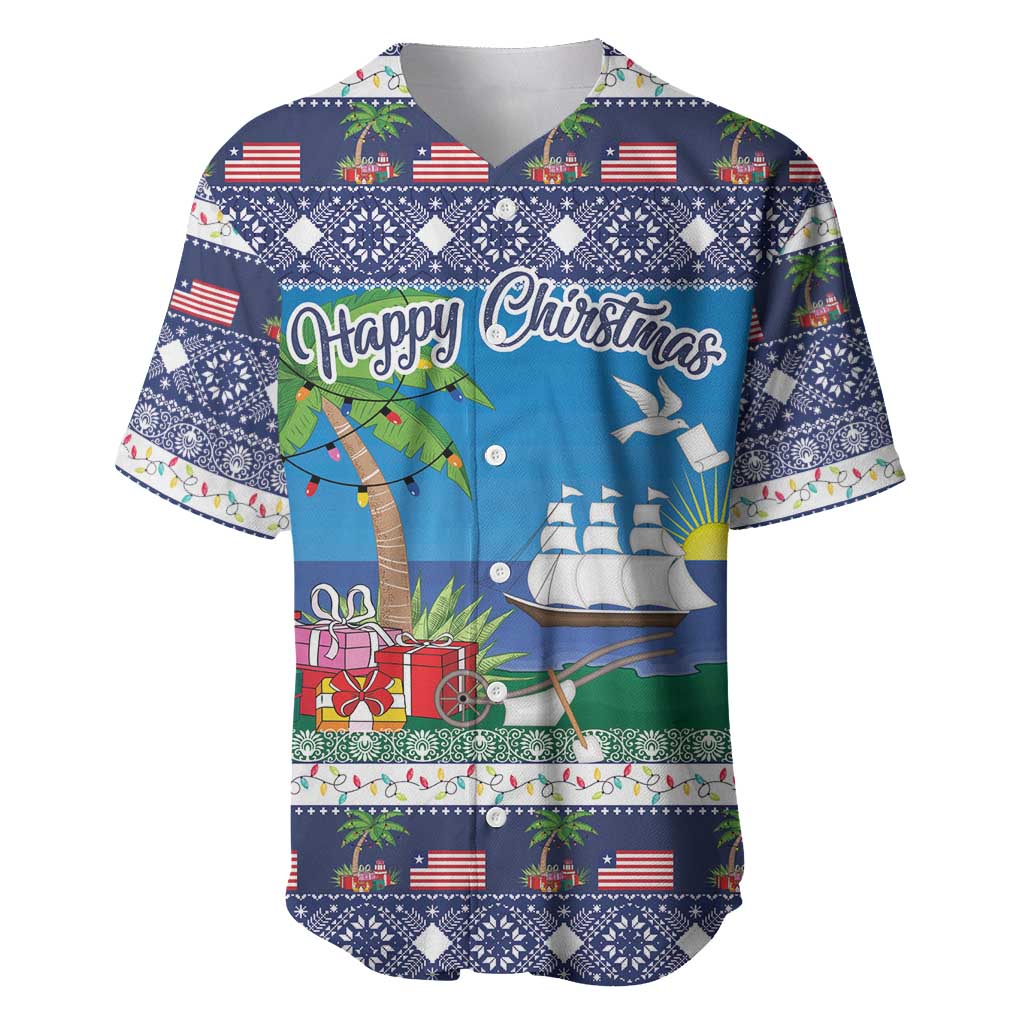 Blue Christmas baseball jersey front with 'Happy Christmas' print, ship, palm trees, flags