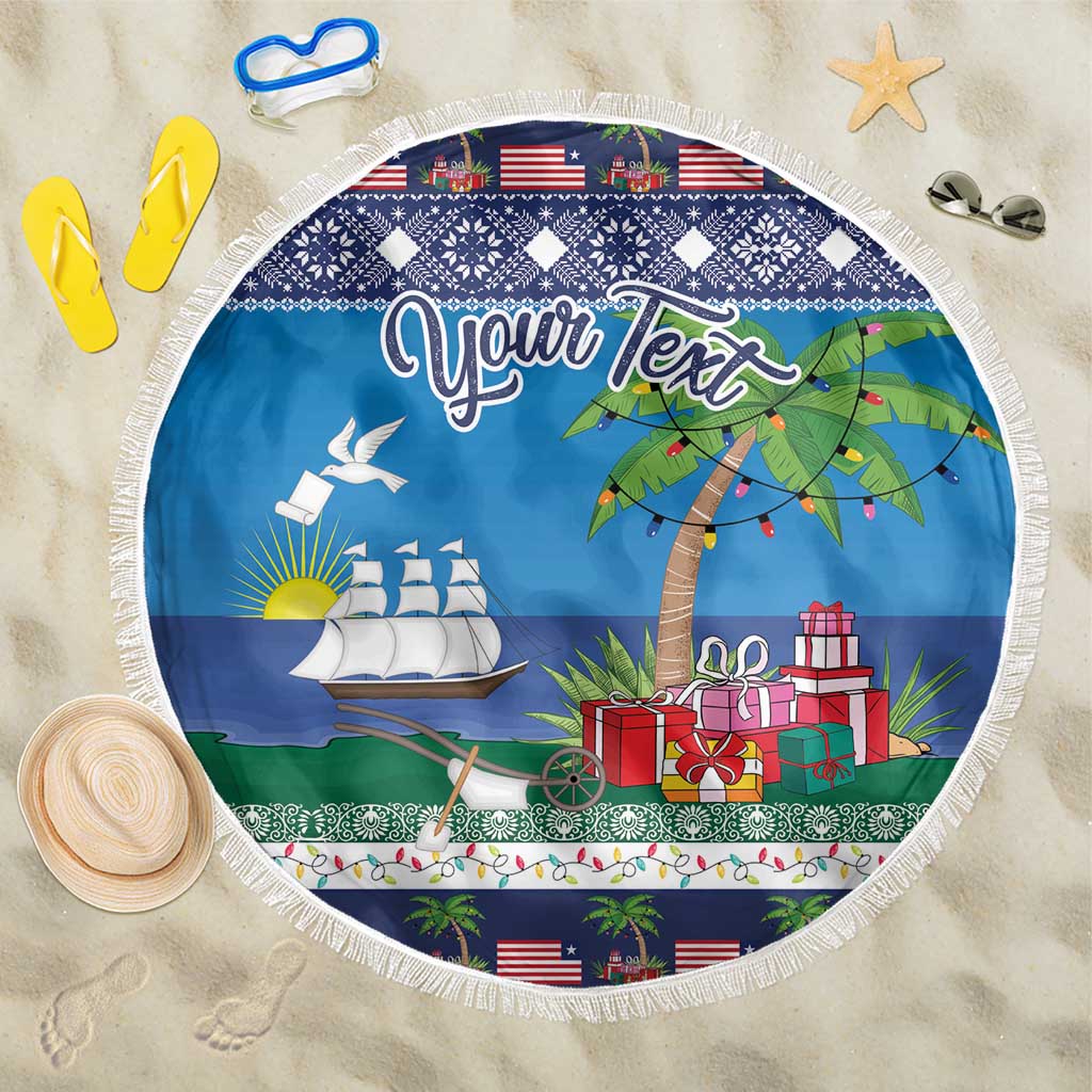 Personalized round beach blanket with white fringe, blue island print and “Your Text”