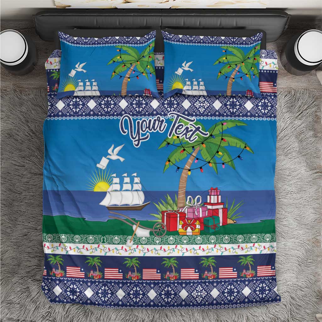 Blue Christmas bedding set with palm tree, ship, presents and 'Your Text' panel